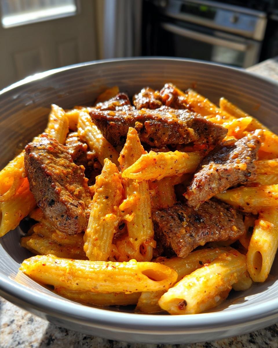 Cajun Steak Tips in Cheesy Penne Parmesan Sauce - detail 1