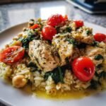 Greek Chicken and Lemon Rice with Chickpeas, Cherry Tomatoes, and Spinach 30 Minutes, One-Pot