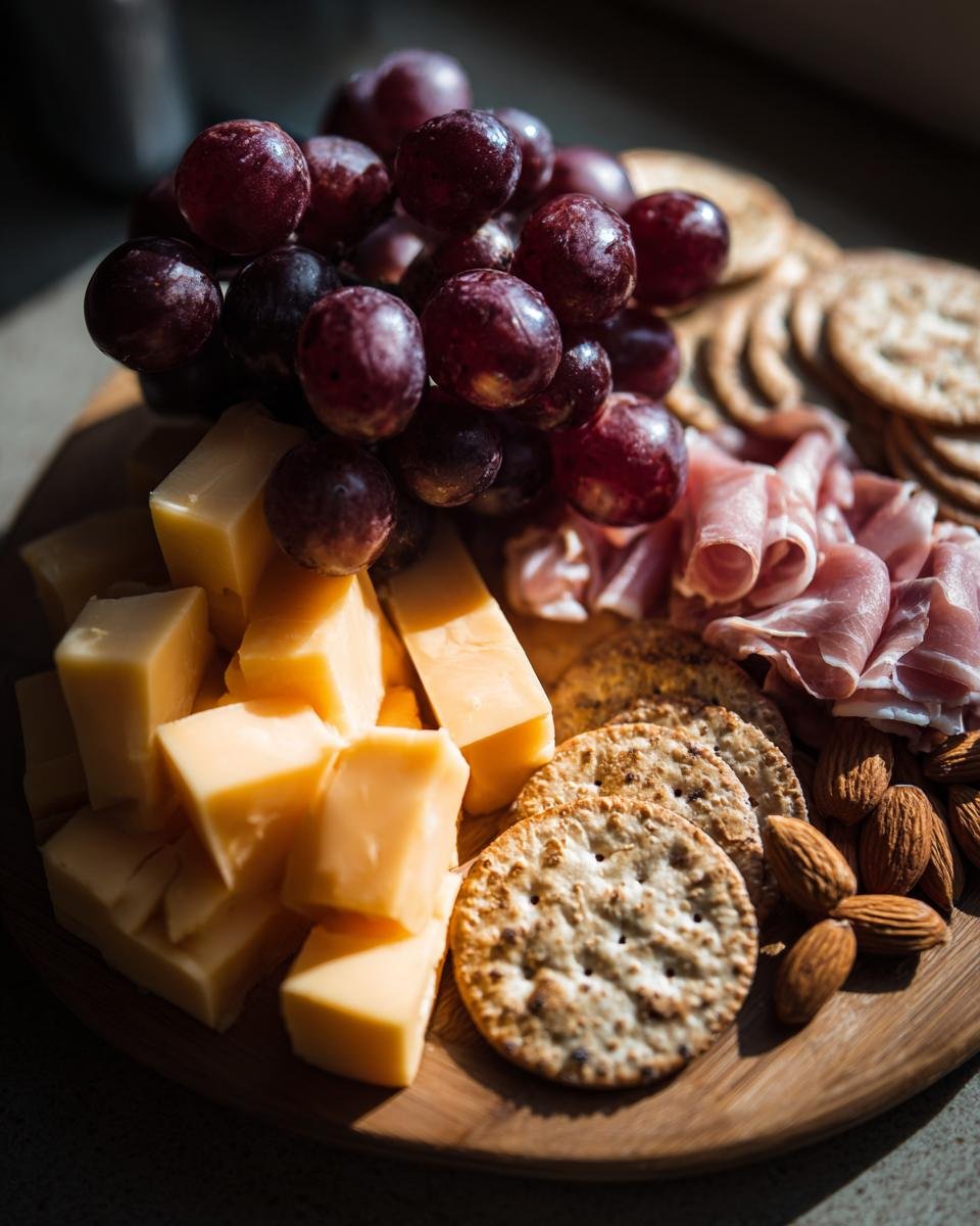 A simple 5 minute charcuterie board featuring cubed cheese, red grapes, crackers, almonds, and rolled ham.