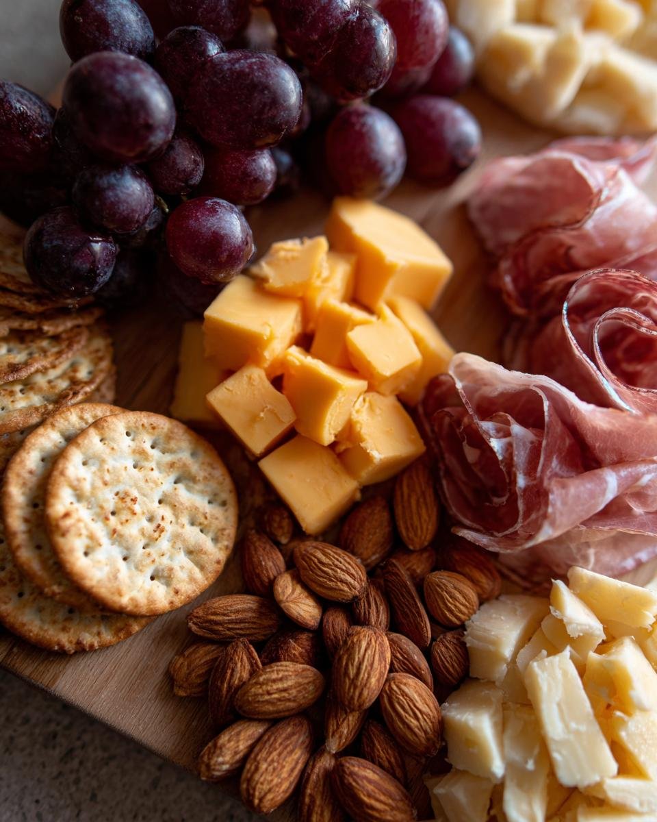 A close-up of a 5 Minute Charcuterie Board featuring cubed cheddar cheese, red grapes, crackers, almonds, and cured meats.