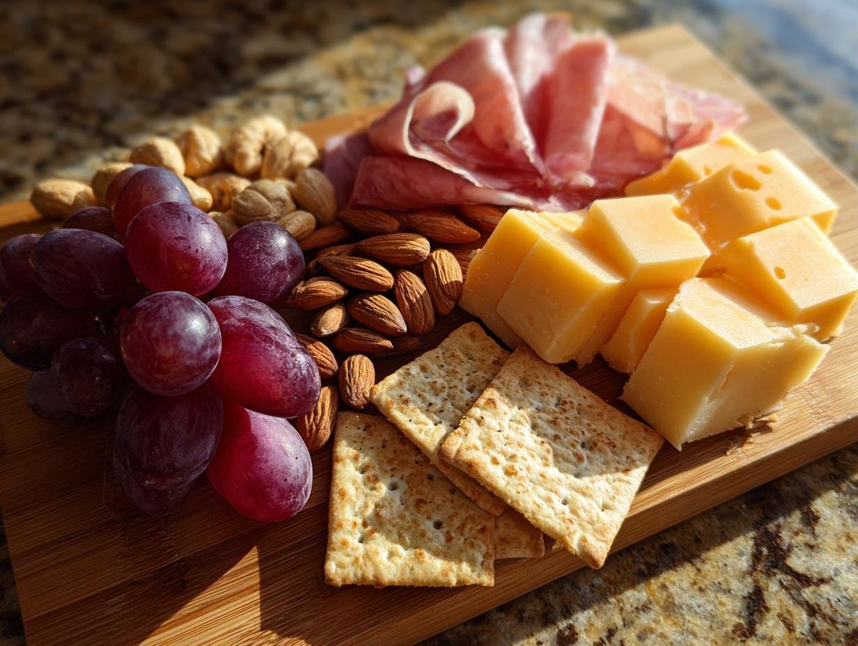 A simple 5 minute charcuterie board featuring cubed cheese, crackers, grapes, almonds, and rolled deli meat.