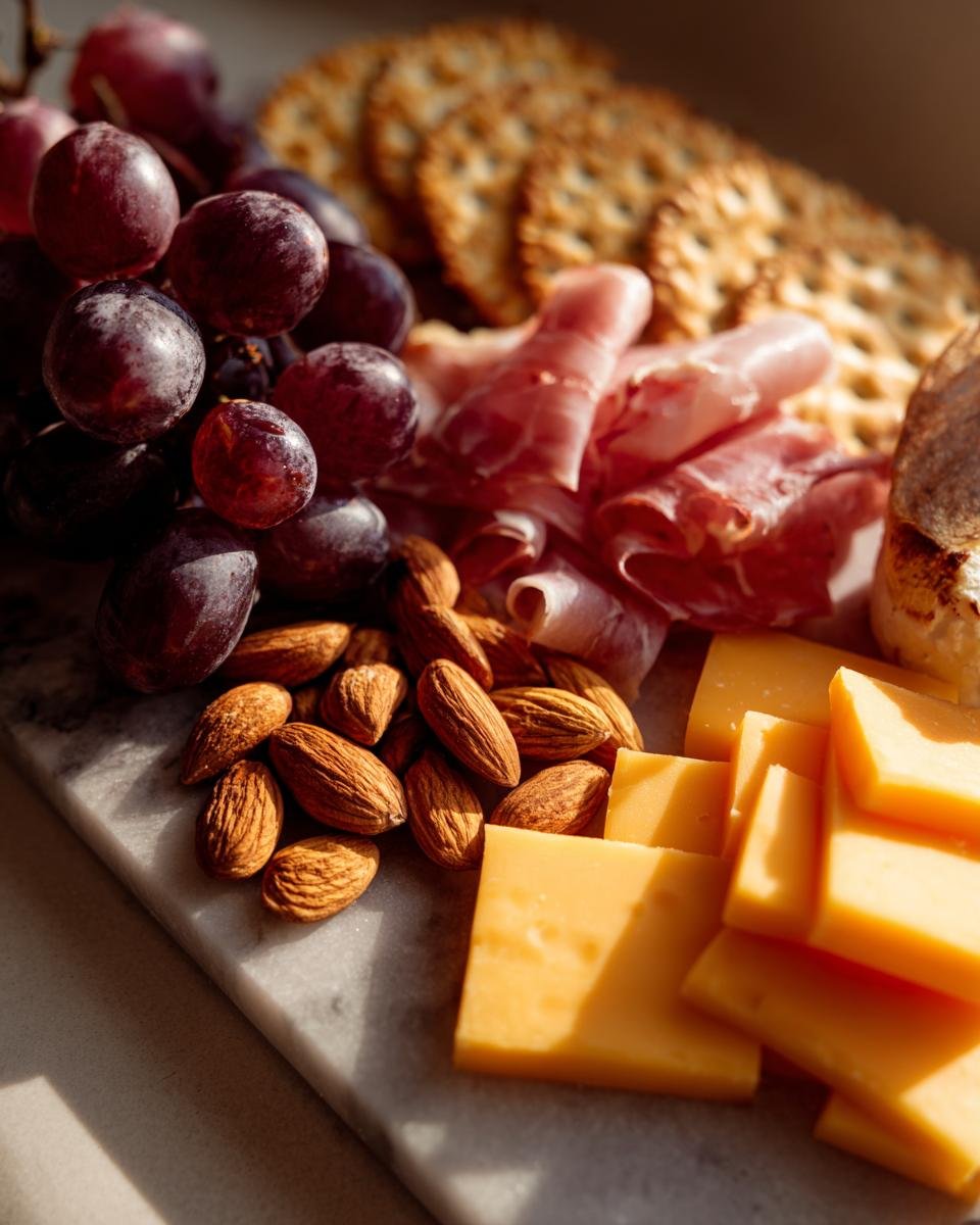 Close-up of a 5 Minute Charcuterie Board Simple with red grapes, sliced cheese, almonds, prosciutto, and crackers.
