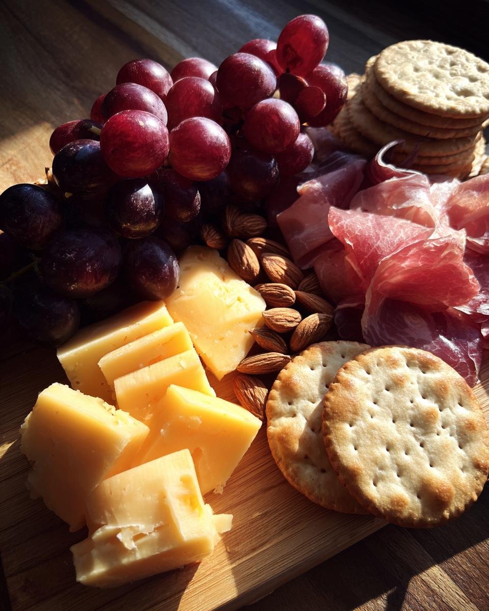 A simple 5 minute charcuterie board featuring sliced cheese, red grapes, almonds, prosciutto, and crackers on a wooden board.