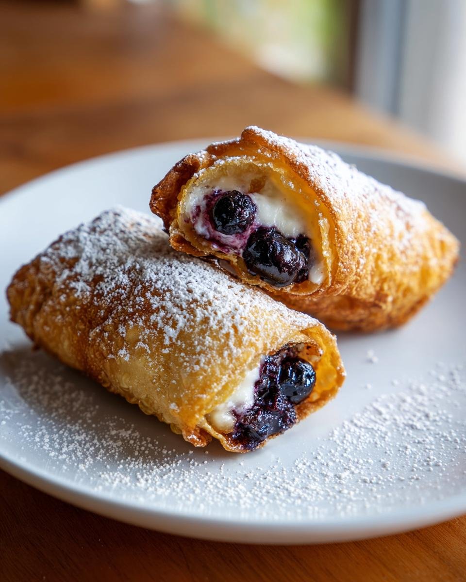 Close-up of two Irresistible Air Fryer Blueberry Chimichangas dusted with powdered sugar, one cut in half to reveal blueberries and cream filling.