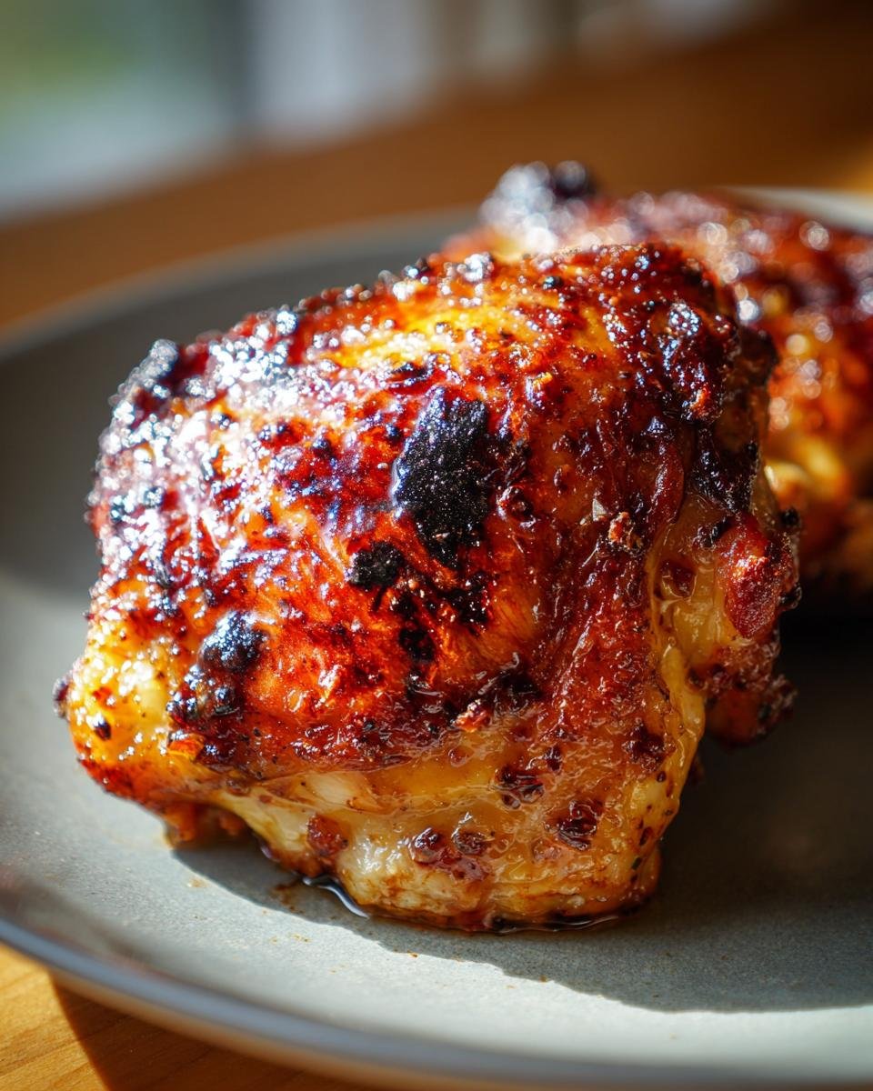 Close-up of perfectly baked chicken thighs with crispy, caramelized skin, showcasing the juicy texture of these chicken thighs.