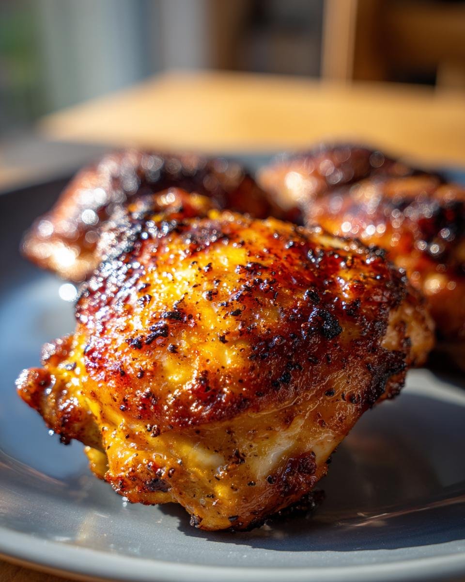 Close-up of perfectly baked chicken thighs with crispy, golden-brown skin, seasoned with spices.