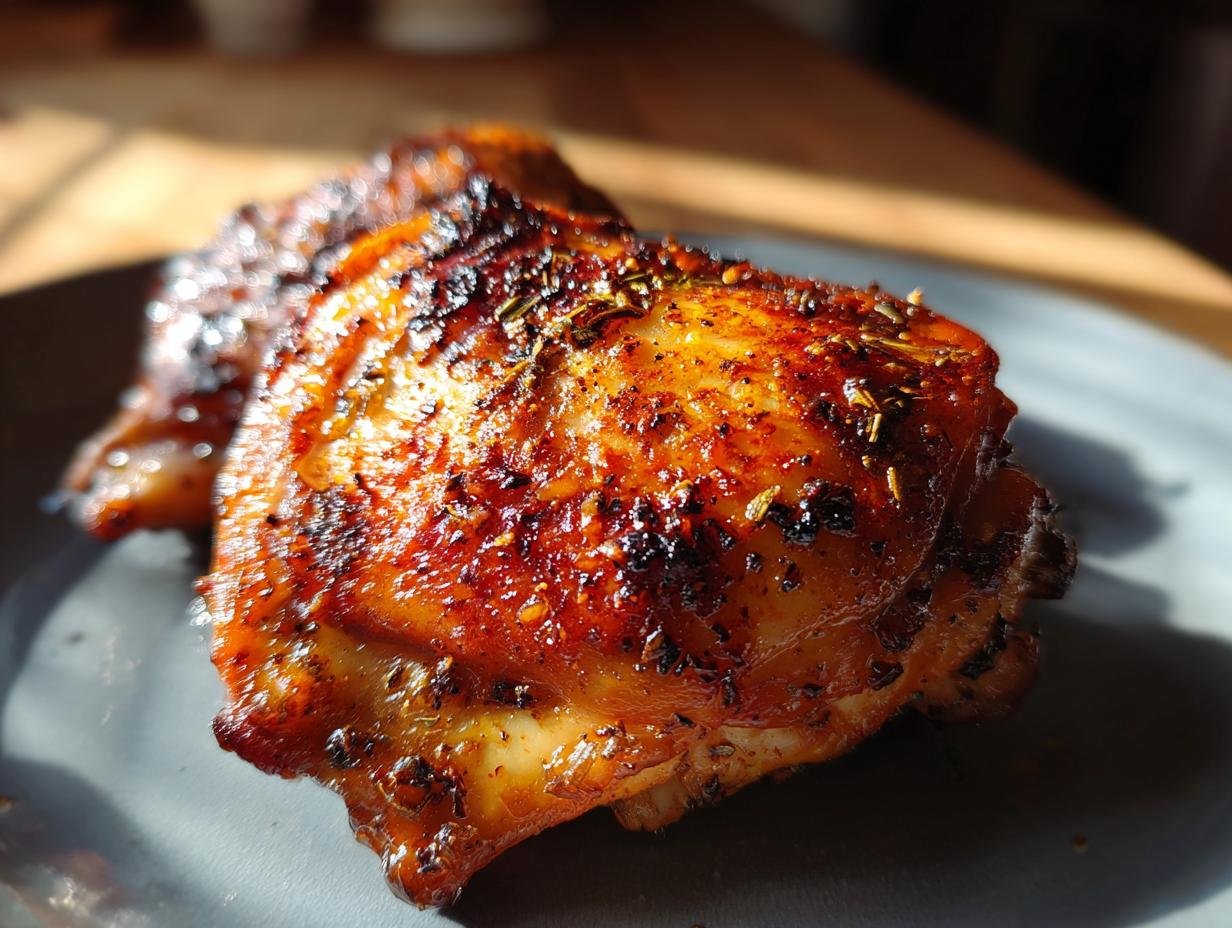 Close-up of a perfectly baked chicken thigh, seasoned with herbs and spices, with crispy skin.