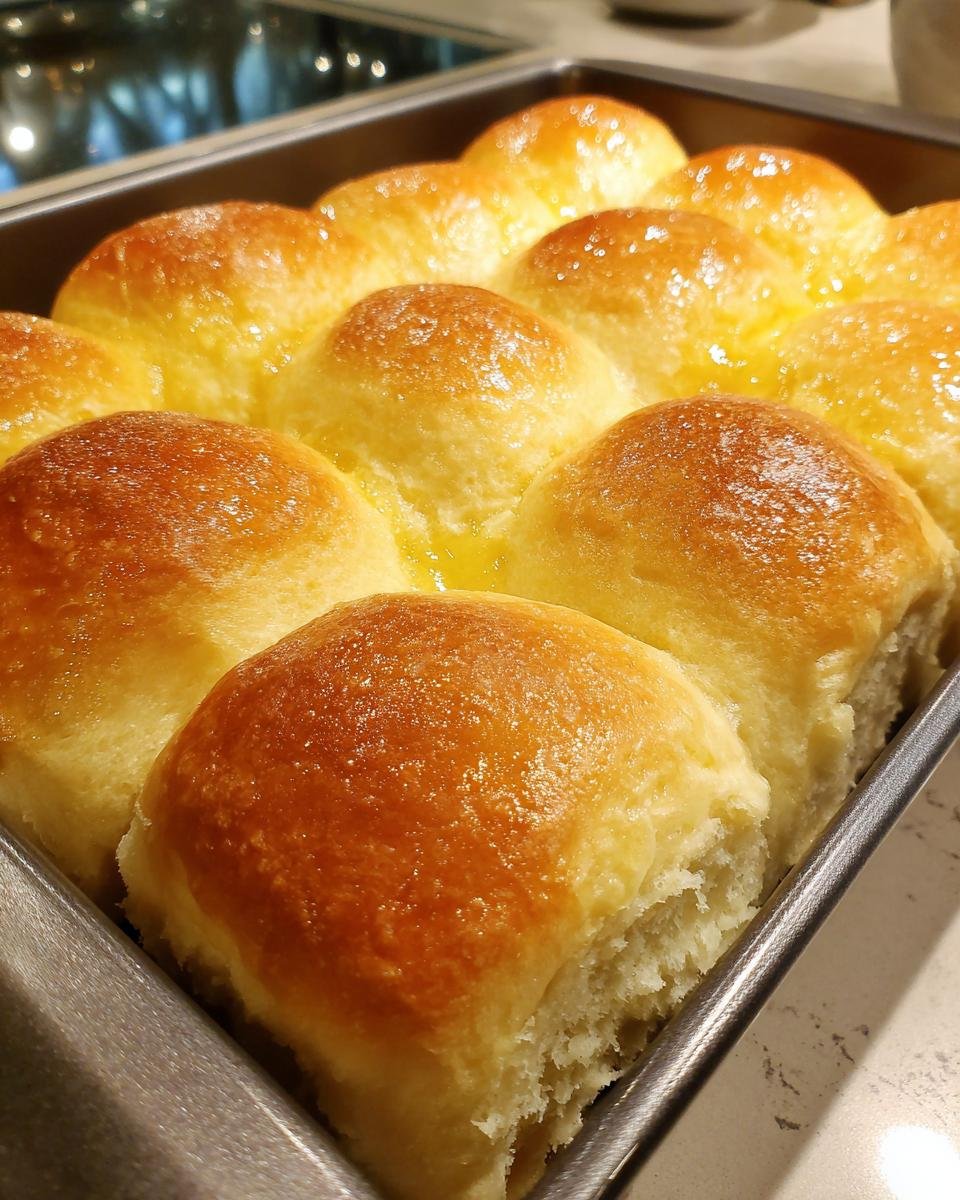 A pan of freshly baked, fluffy, and buttery dinner rolls, glistening with melted butter.