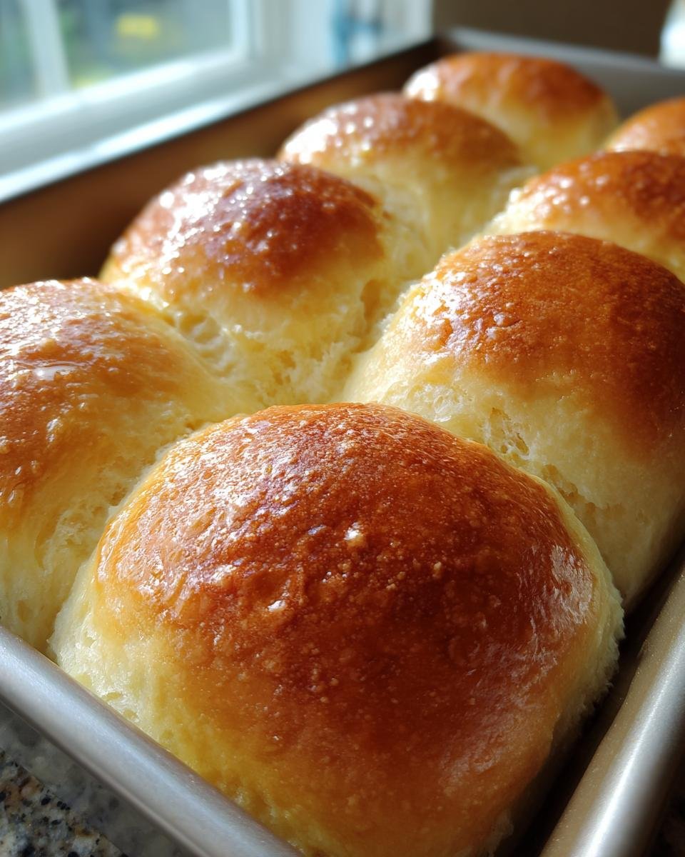 Close-up of freshly baked, fluffy and buttery dinner rolls in a baking pan, ready to serve.