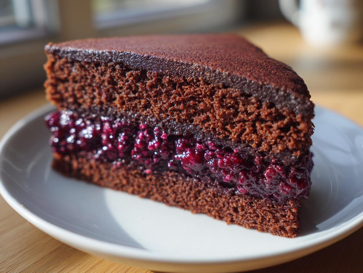 A slice of decadent Blackberry Velvet Gothic Cake, featuring rich chocolate cake and a vibrant blackberry filling.