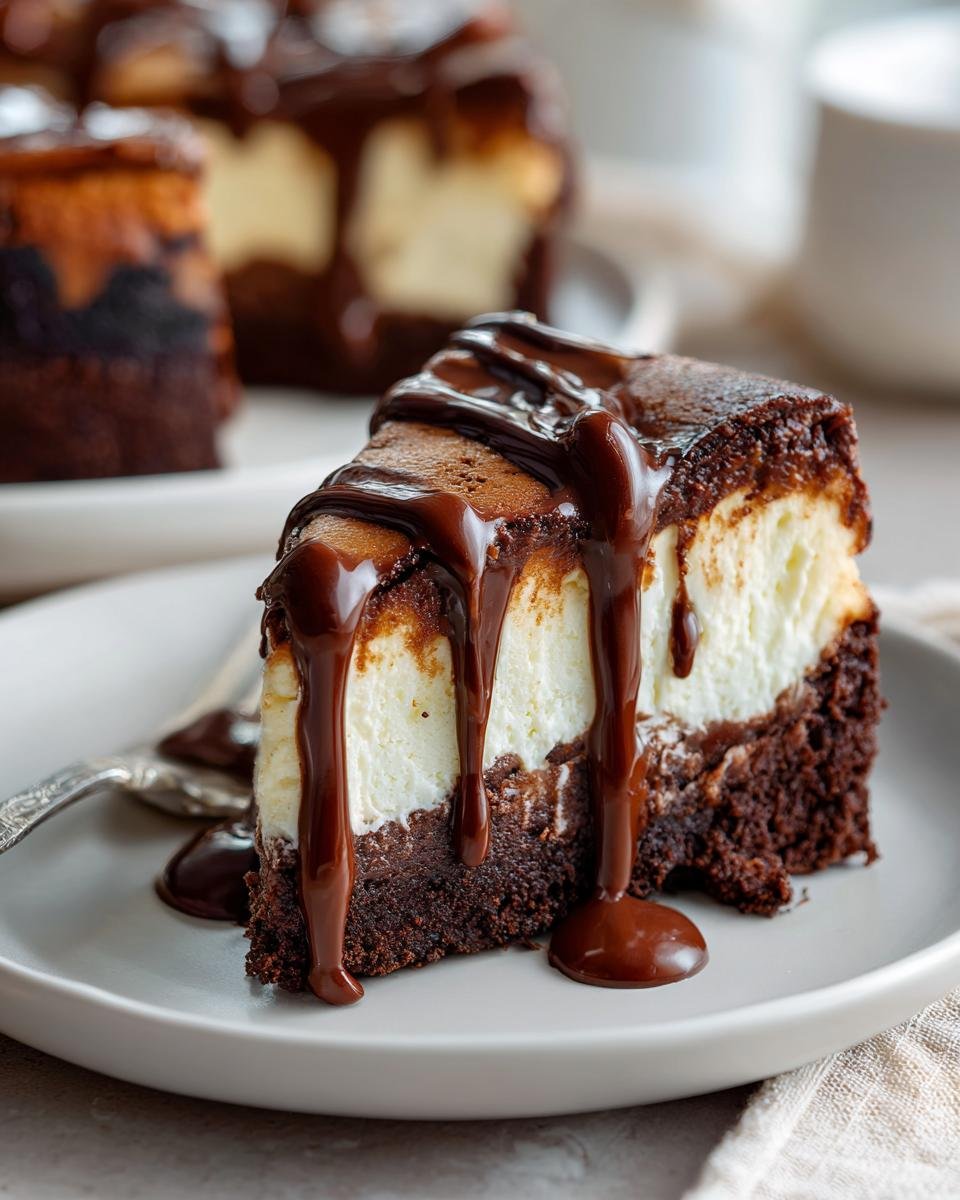 A rich slice of brownie cheesecake, layered with creamy cheesecake and topped with a generous chocolate drizzle.
