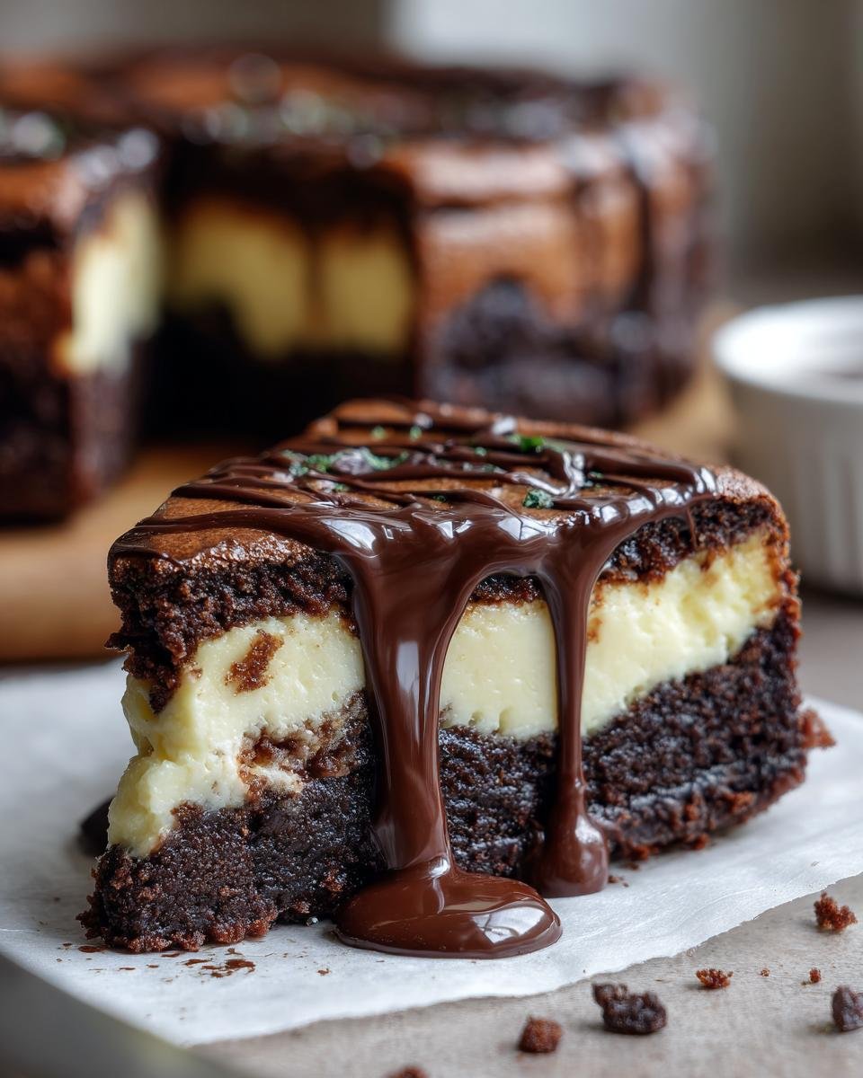 A rich slice of Decadent Brownie Cheesecake Delight, topped with chocolate drizzle and mint.