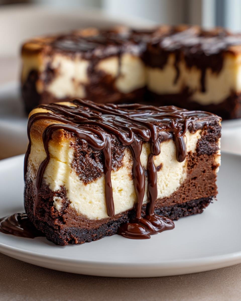 A rich slice of Decadent Brownie Cheesecake Delight, drizzled with chocolate sauce, on a white plate.