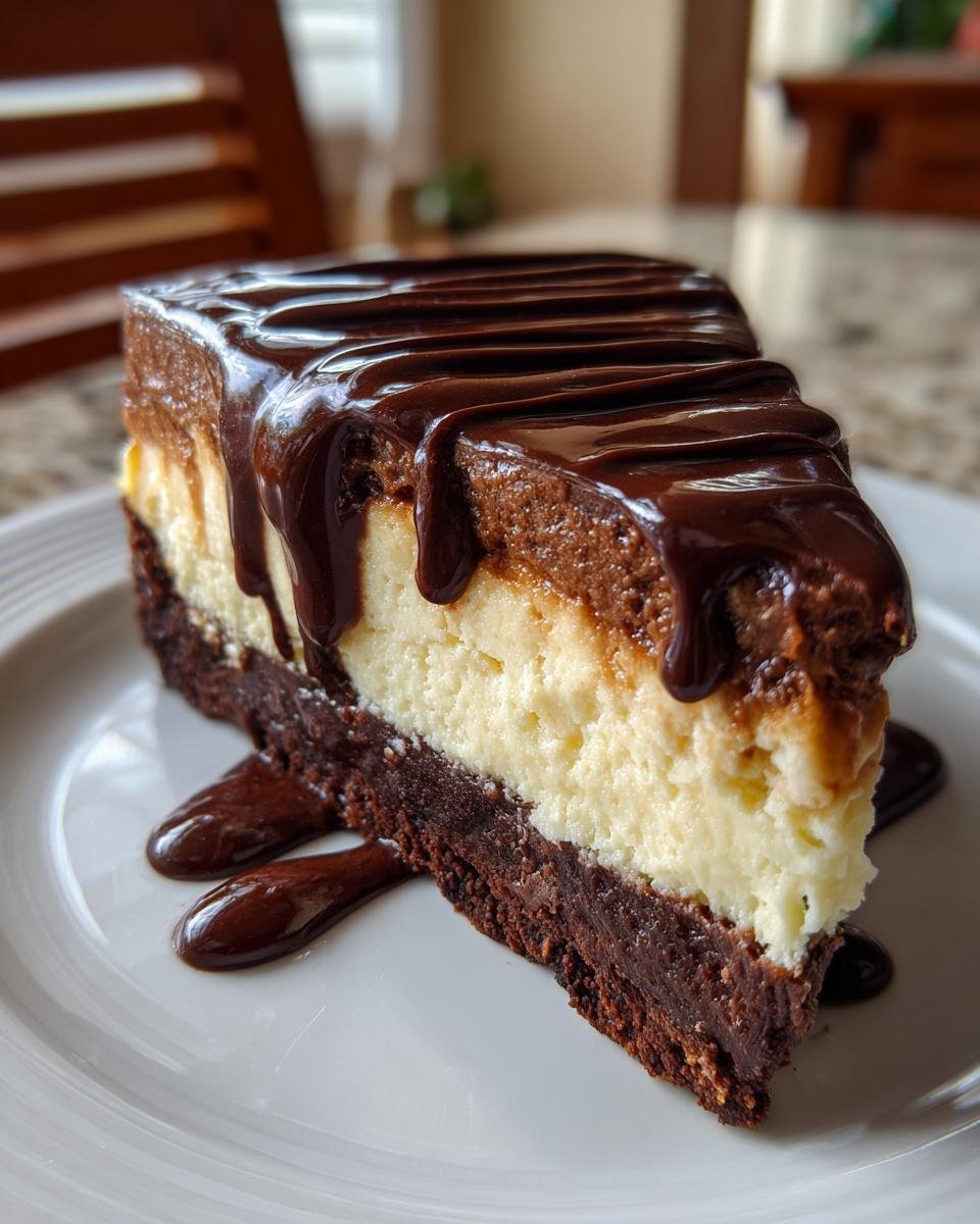 A rich slice of Decadent Brownie Cheesecake Delight, featuring layers of brownie, cheesecake, and chocolate drizzle.