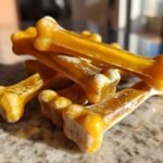A pile of golden-yellow, bone-shaped gelatin treats infused with chamomile and honey.