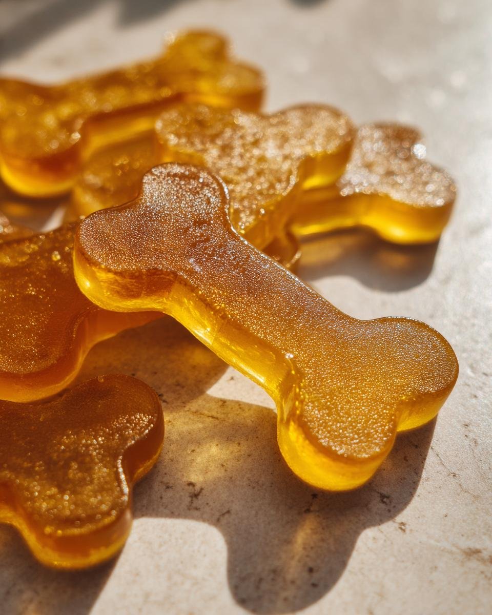 Close-up of golden, bone-shaped gelatin treats infused with chamomile and honey.
