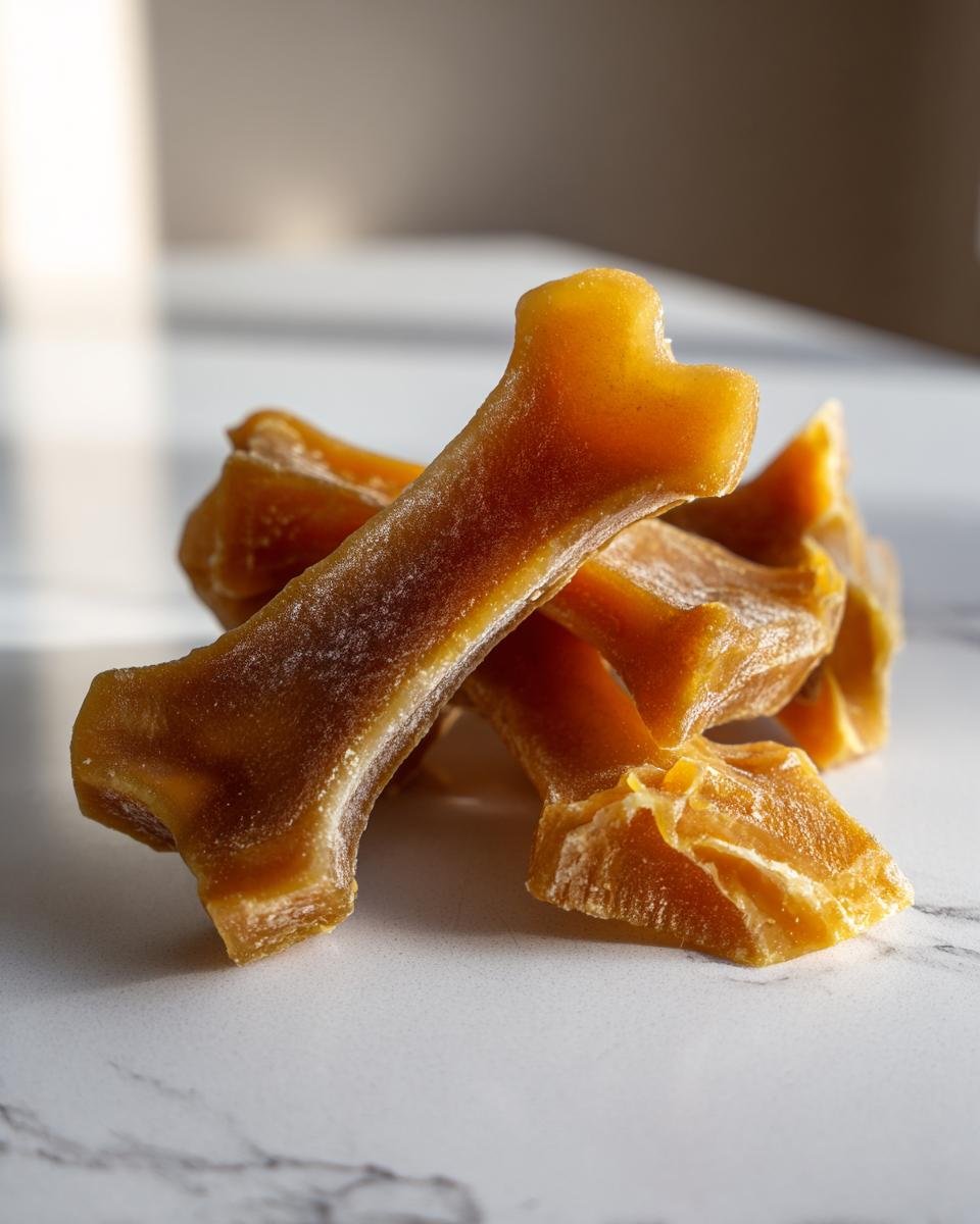 Close-up of homemade dog treats shaped like bones, made from chamomile and honey gelatin.