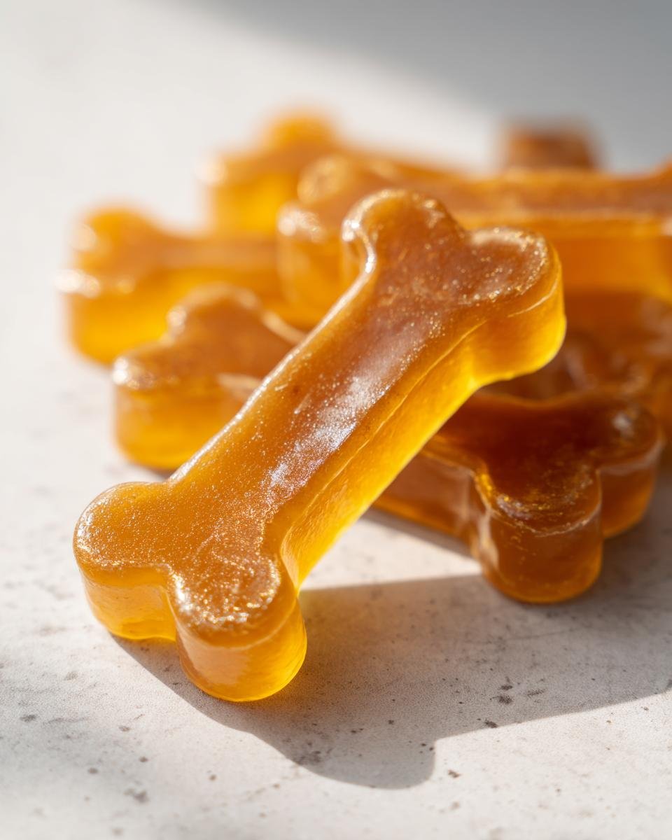 Close-up of amber-colored, bone-shaped gelatin treats, made with chamomile and honey.