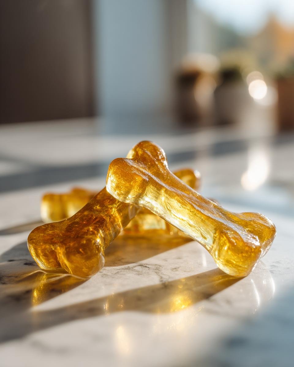 Close-up of golden, bone-shaped gelatin treats made with chamomile and honey, perfect for healthy eating.