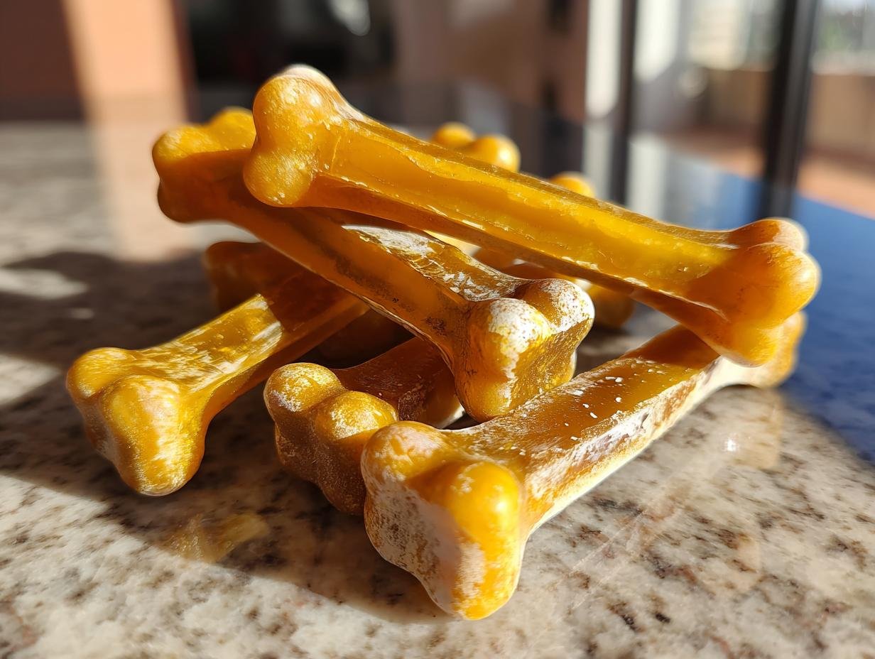 A pile of golden-yellow, bone-shaped gelatin treats infused with chamomile and honey.