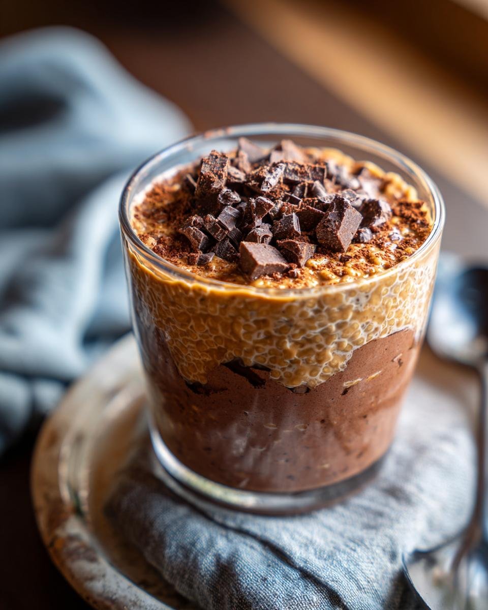 A close-up of Indulge In Chocolate Peanut Butter Overnight Oats topped with chopped dark chocolate and cocoa powder.