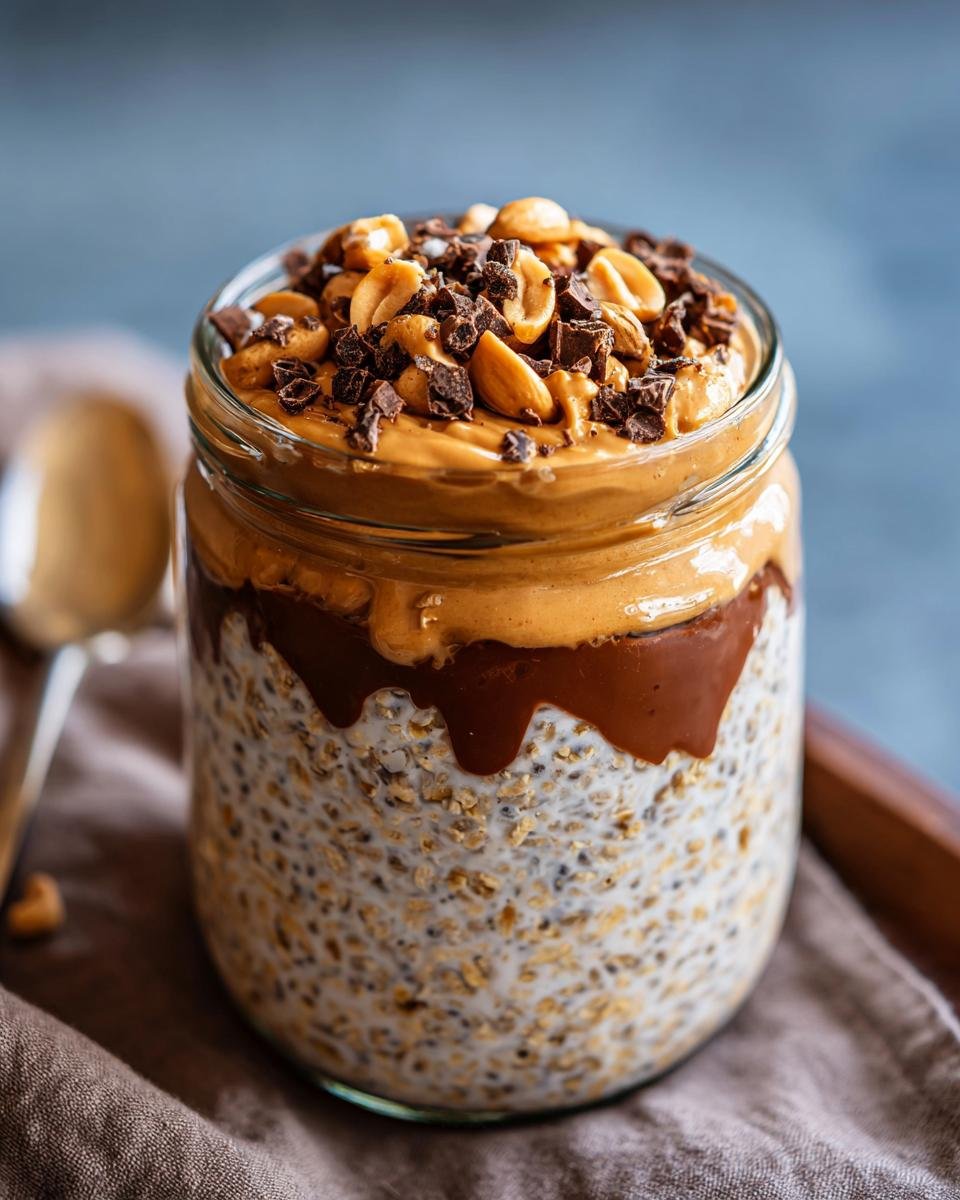 Close-up of Chocolate Peanut Butter Overnight Oats in a jar, topped with peanut butter, chocolate chips, and peanuts.