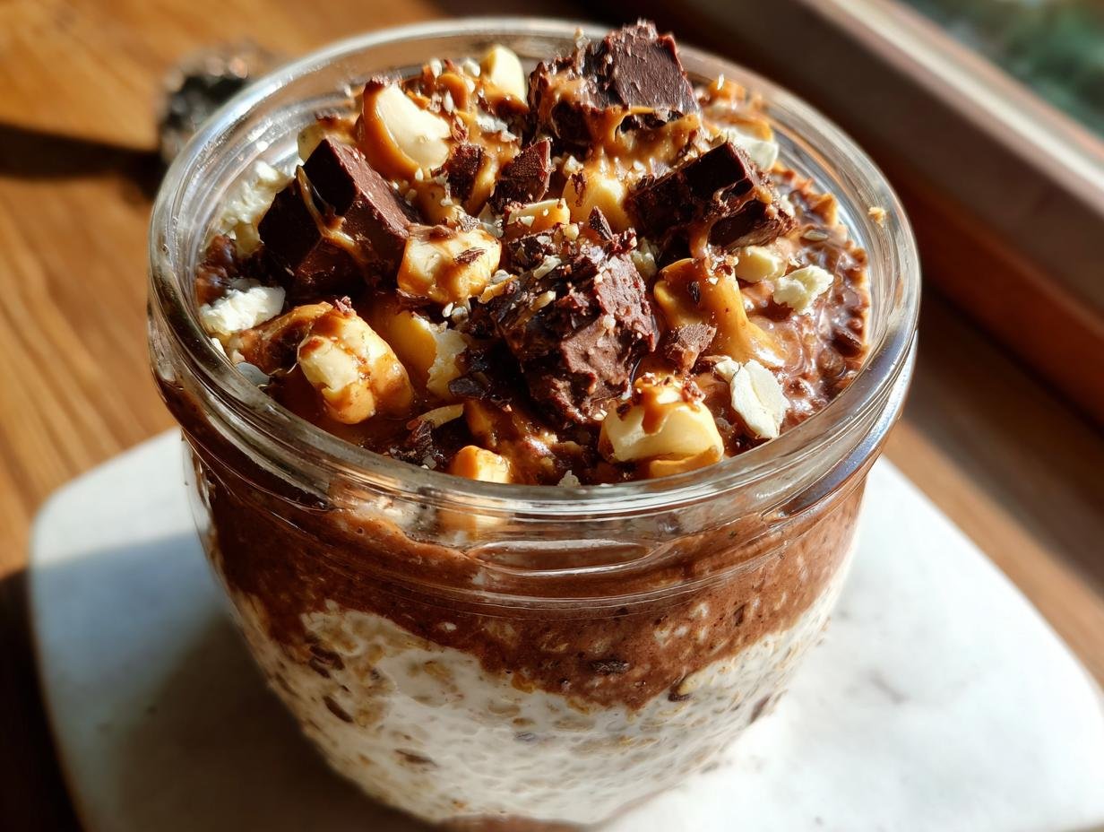 Close-up of a jar filled with Chocolate Peanut Butter Overnight Oats, topped with chocolate chunks and peanuts.