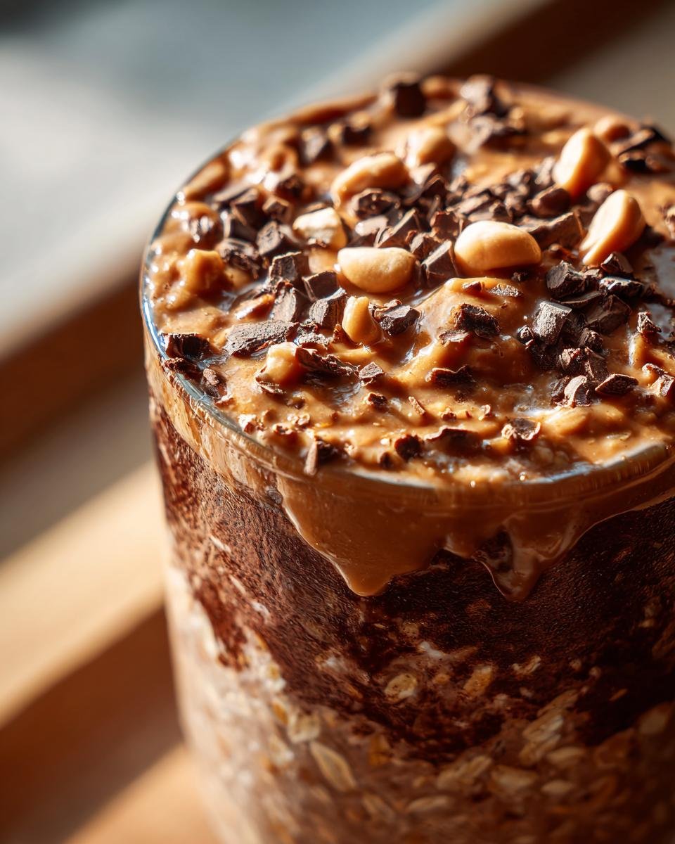 Close-up of decadent Chocolate Peanut Butter Overnight Oats topped with chocolate chips and peanuts.
