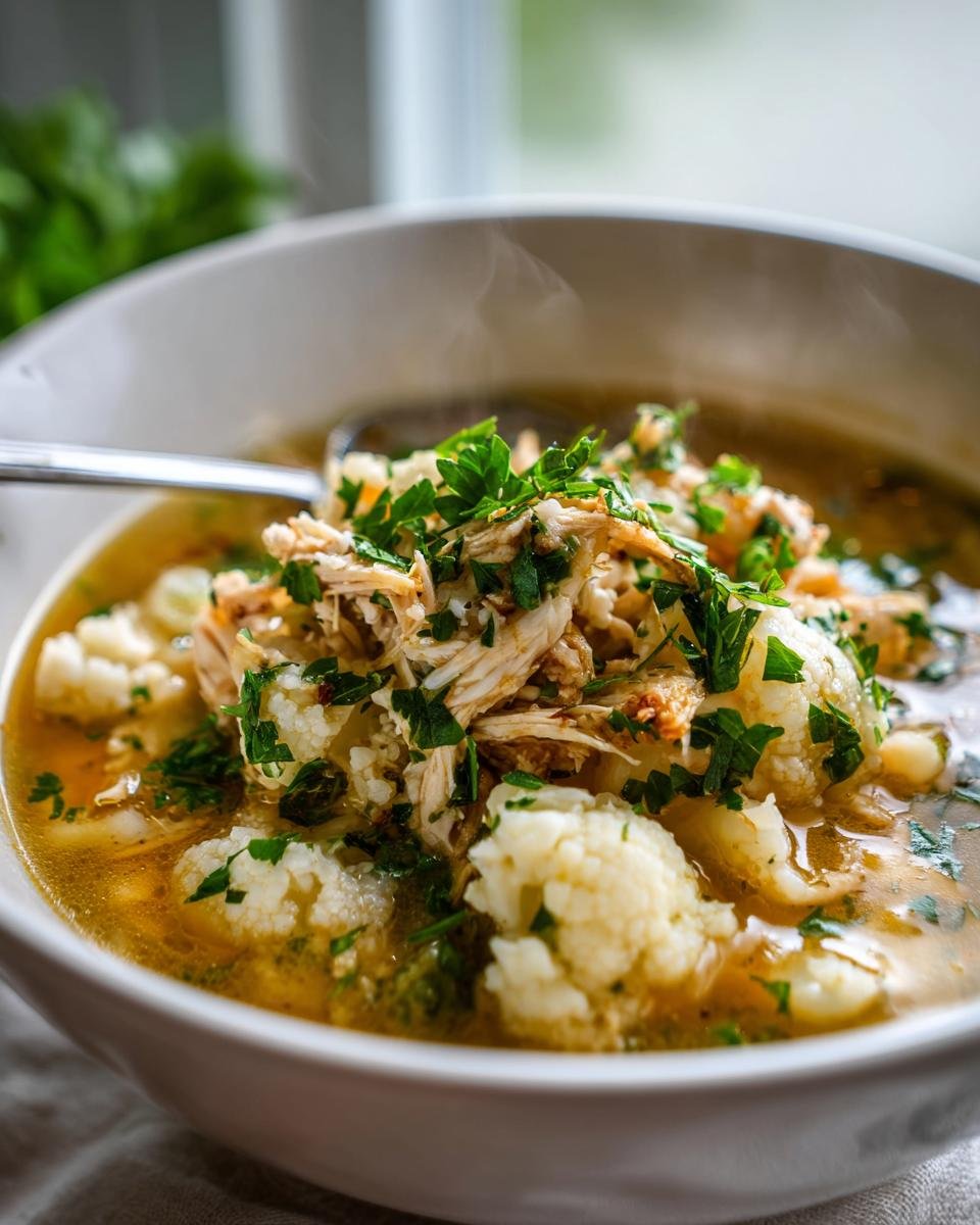 A steaming bowl of Comforting Anti Inflammatory Cauliflower Chicken Soup, topped with shredded chicken and fresh parsley.