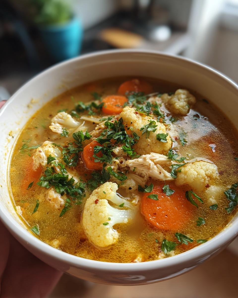 A close-up of a bowl of Comforting Anti Inflammatory Cauliflower Chicken Soup, filled with tender chicken, cauliflower florets, and carrot slices, garnished with fresh parsley.