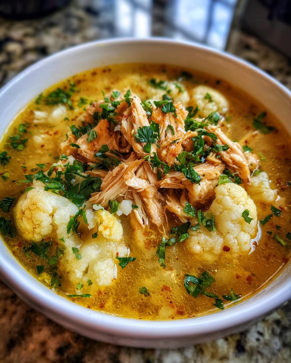 A close-up of a bowl of Comforting Anti Inflammatory Cauliflower Chicken Soup, featuring shredded chicken, cauliflower florets, and fresh parsley.