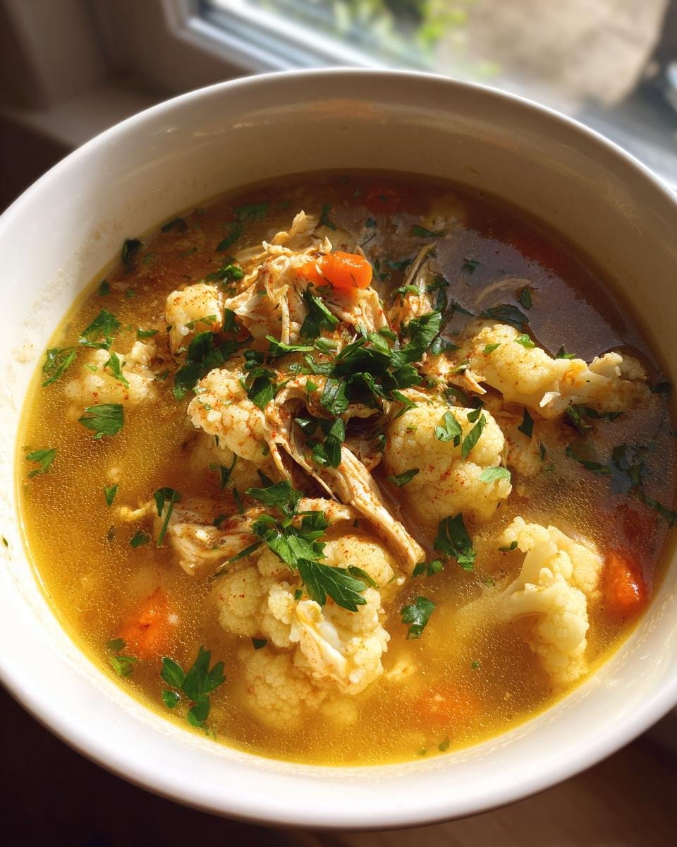 A close-up of a bowl of comforting anti-inflammatory cauliflower chicken soup, garnished with fresh parsley.