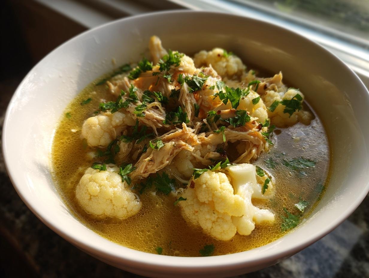 A close-up bowl of comforting anti inflammatory cauliflower chicken soup, garnished with fresh parsley.