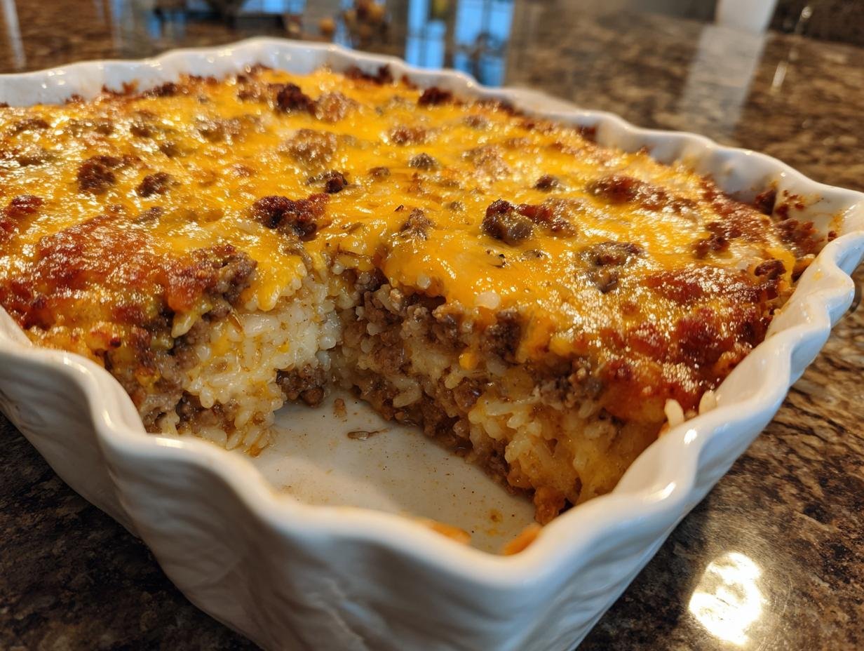 A slice removed from a baked Comforting French Onion Ground Beef and Rice Casserole, showing layers of rice and seasoned ground beef topped with melted cheese.