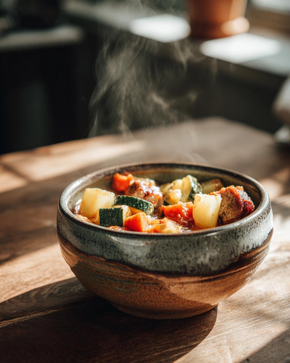 A close-up of a rustic bowl filled with steaming sausage and vegetable soup, featuring chunks of sausage, zucchini, potatoes, and tomatoes.