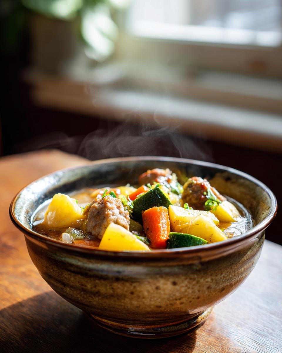 A close-up of a rustic bowl filled with steaming sausage and vegetable soup, featuring potatoes, carrots, and zucchini.