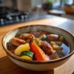 A steaming bowl of comforting sausage and vegetable soup, featuring chunks of sausage, potatoes, carrots, and zucchini.