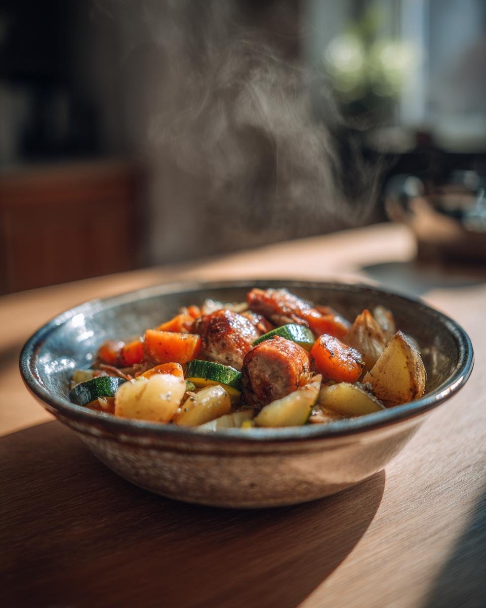 A steaming bowl of comforting sausage and vegetable soup with potatoes, carrots, and zucchini.