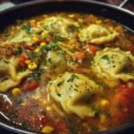 Close-up of comforting tamale soup with fluffy tamale dumplings, corn, and diced tomatoes, garnished with parsley.