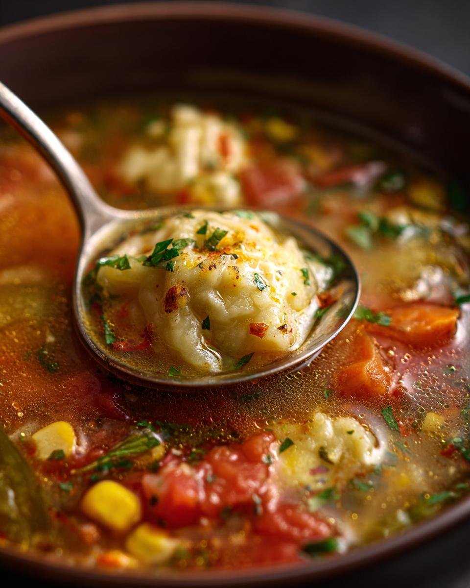 A spoonful of comforting tamale soup with fluffy tamale dumplings, garnished with herbs and spices.