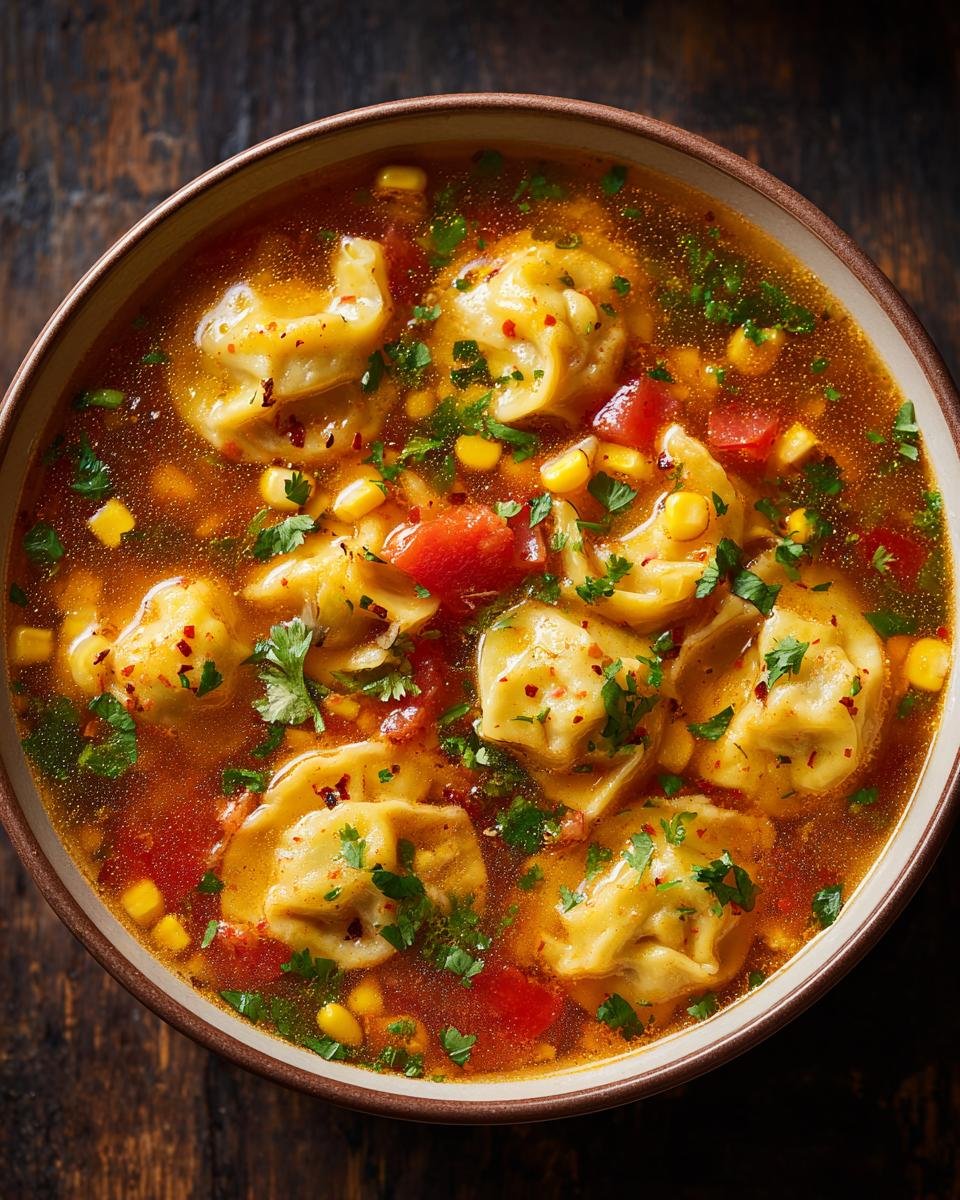 A close-up overhead view of a bowl of comforting tamale soup with tamale dumplings, corn, tomatoes, and cilantro.