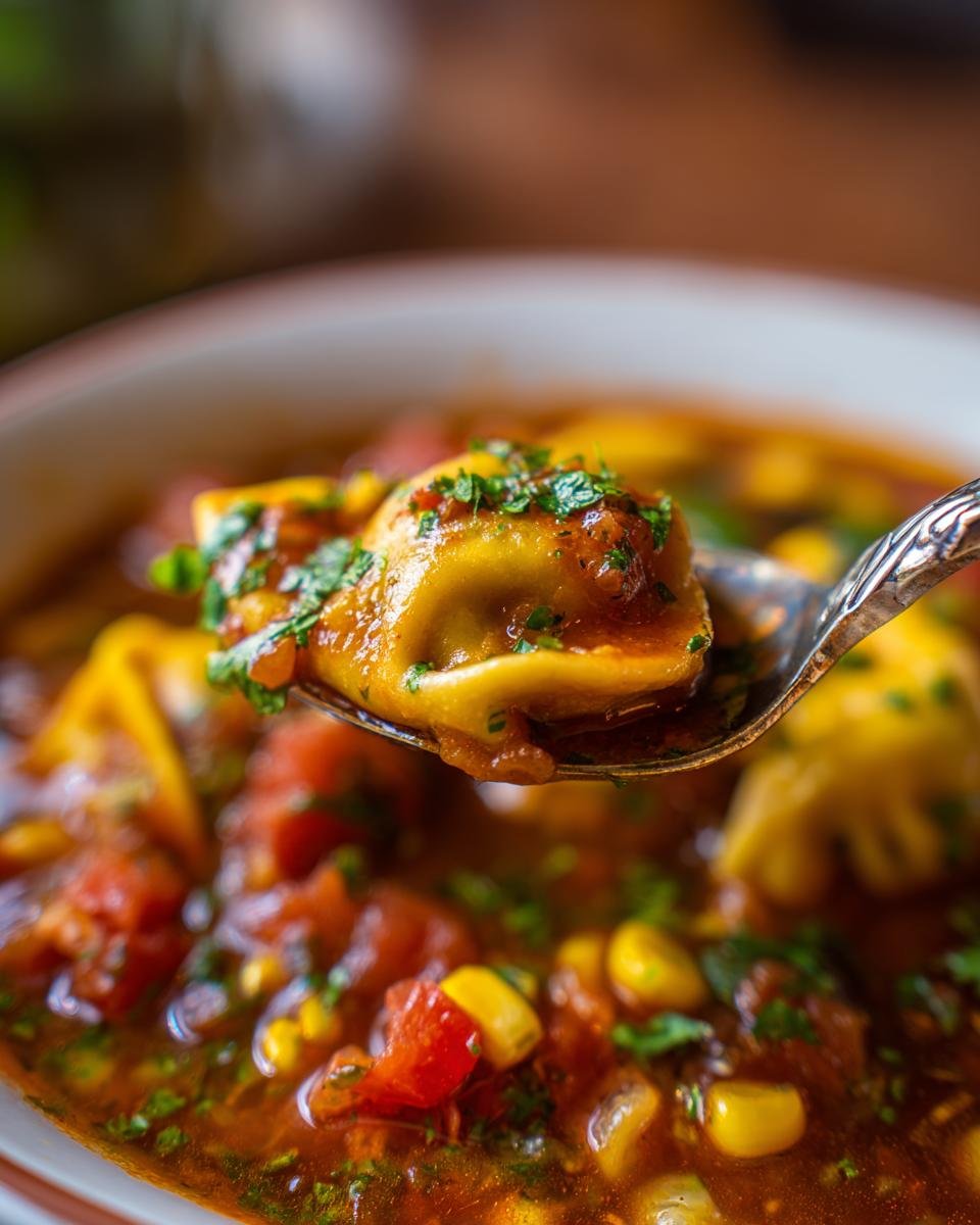 A spoonful of comforting tamale soup with tamale dumplings, corn, and tomatoes, garnished with herbs.