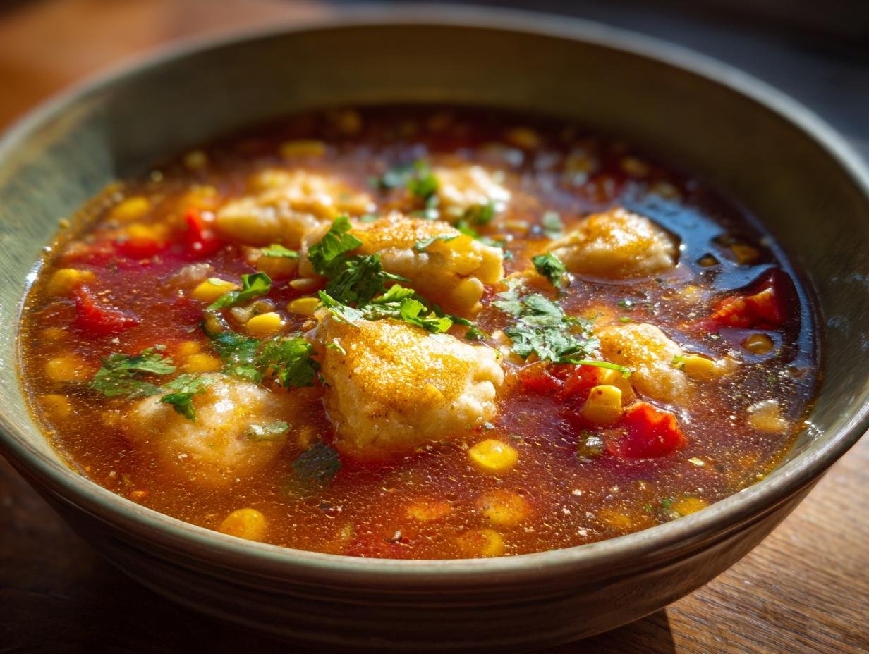 A close-up of a bowl of Comforting Tamale Soup with Tamale Dumplings, garnished with fresh cilantro.