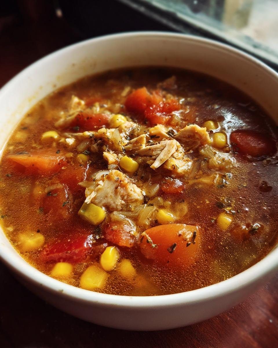 A close-up of a bowl of Comforting Tamale Soup With Tamale Dumplings, filled with shredded chicken, corn, tomatoes, and broth.
