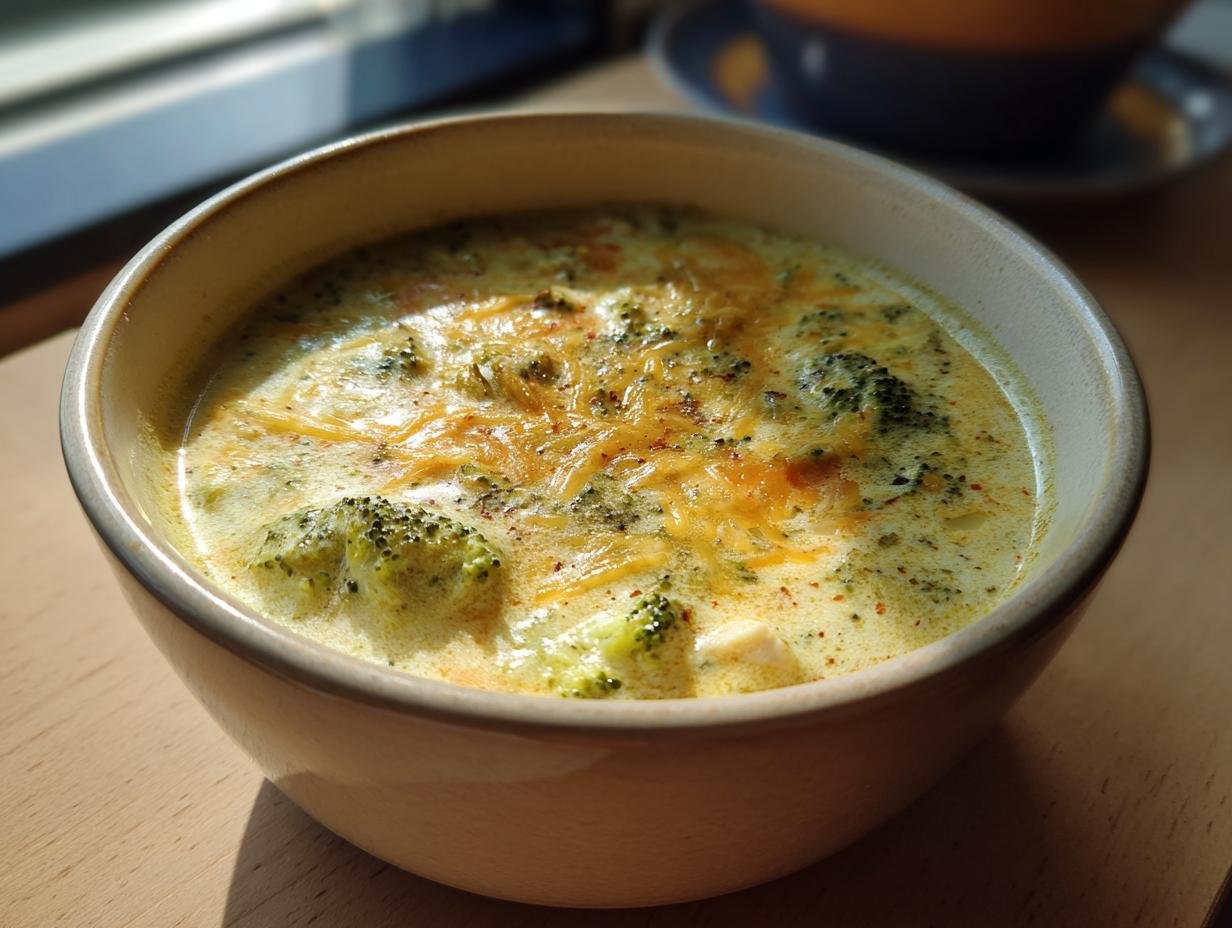 A close-up of a bowl filled with Irresistible Copycat Panera Broccoli Cheddar Soup, topped with melted cheese.