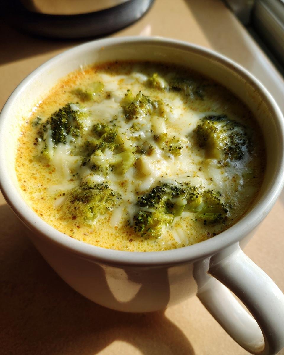 A close-up of a white mug filled with Irresistible Copycat Panera Broccoli Cheddar Soup, topped with melted cheese and broccoli florets.