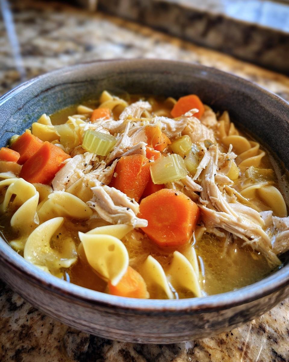 A close-up of a steaming bowl of Cozy Crockpot Chicken Noodle Soup, filled with noodles, shredded chicken, carrots, and celery.