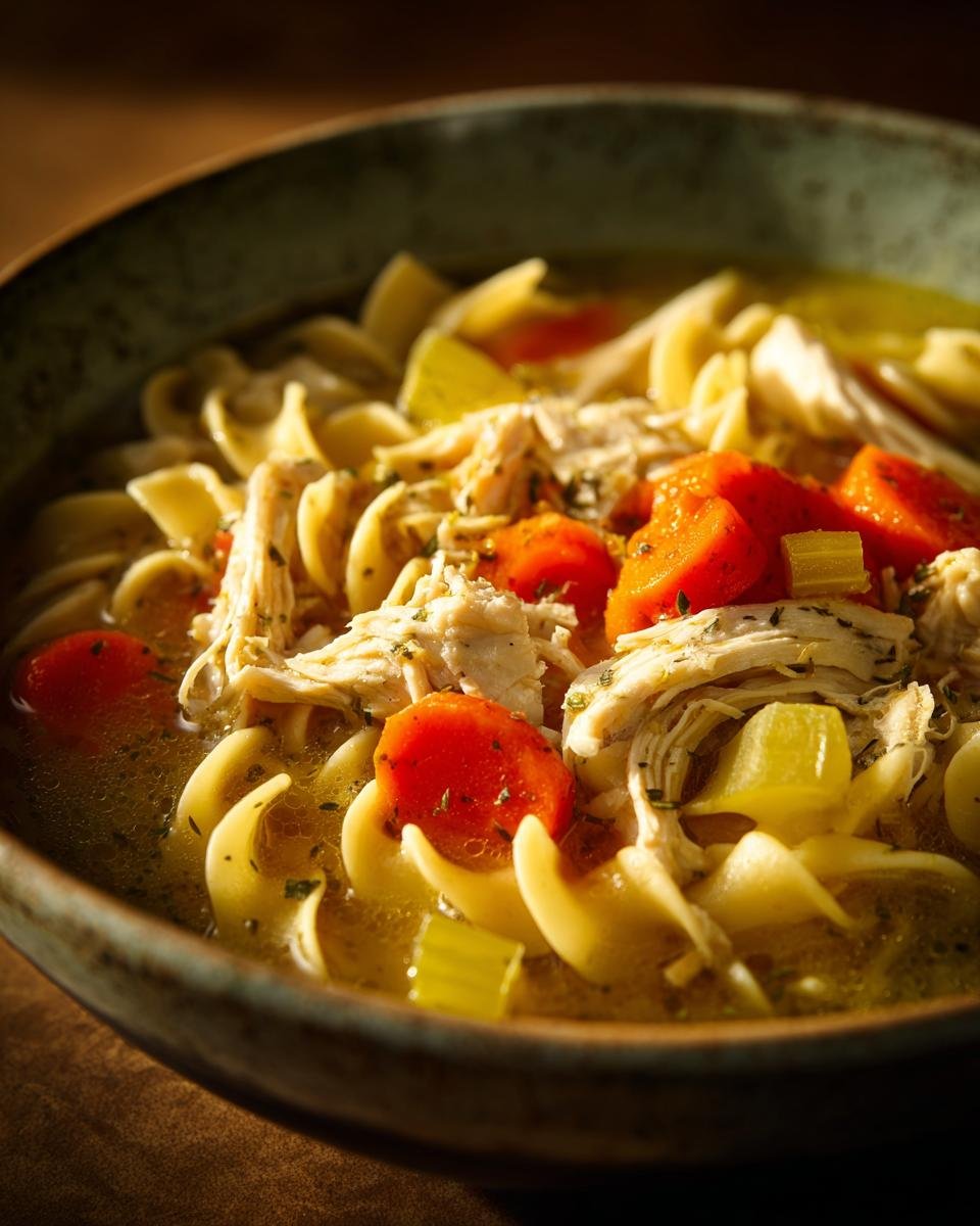 A close-up of a bowl of Cozy Crockpot Chicken Noodle Soup, featuring egg noodles, shredded chicken, carrots, and celery in broth.