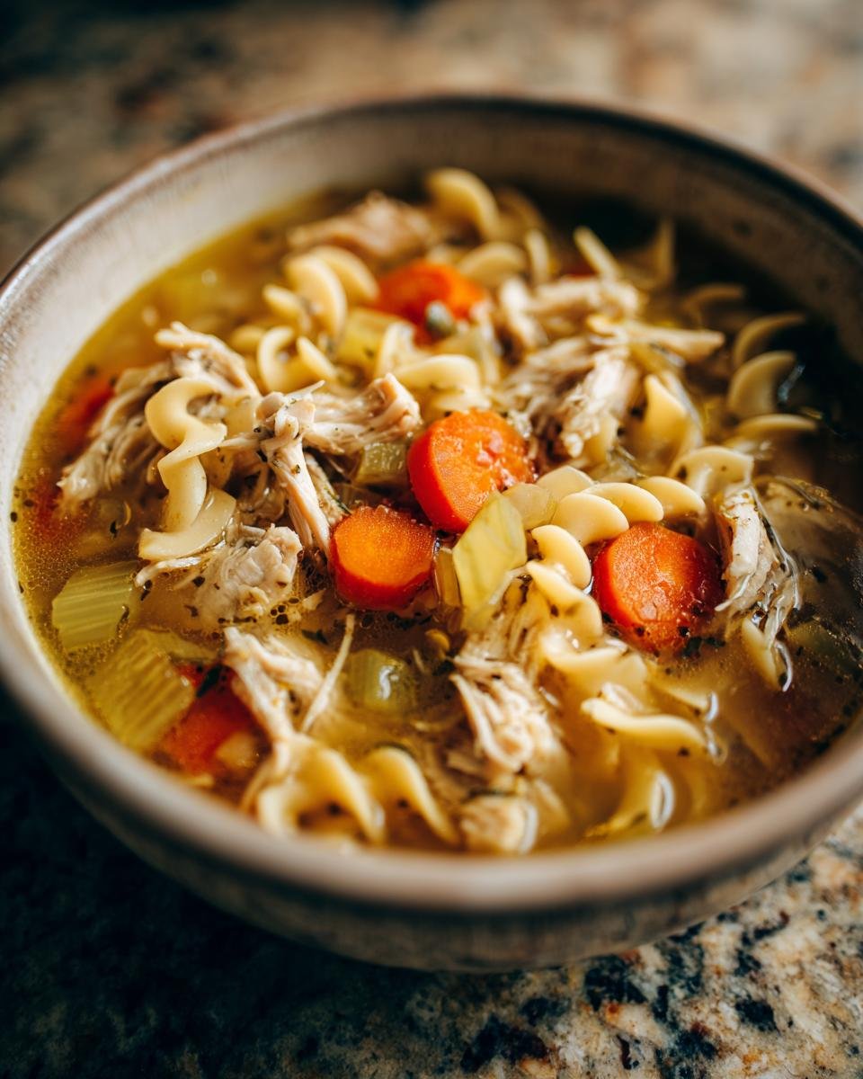 Close-up of a steaming bowl of Cozy Crockpot Chicken Noodle Soup, filled with shredded chicken, noodles, carrots, and celery.