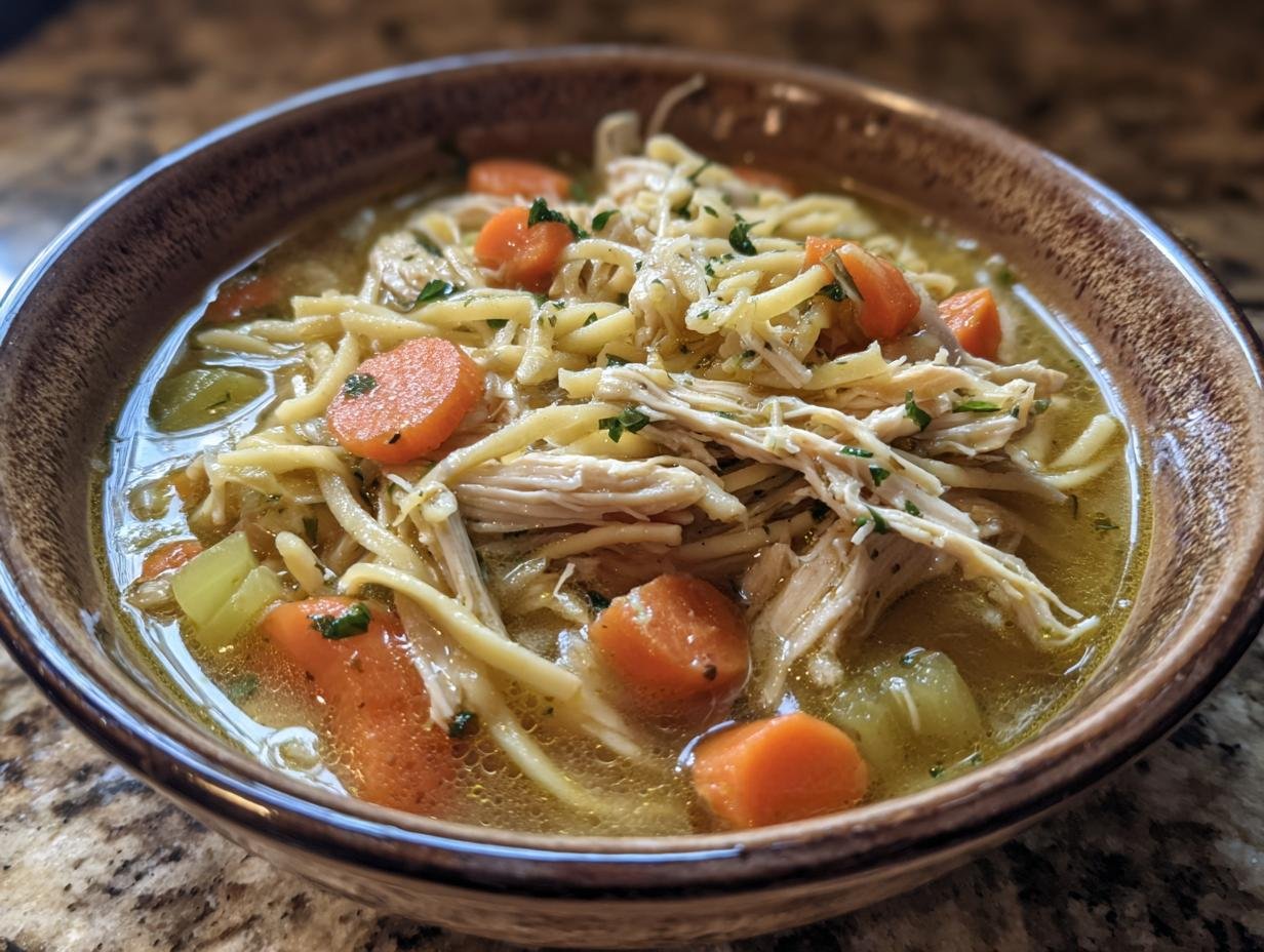 A close-up of a rustic bowl filled with Cozy Crockpot Chicken Noodle Soup, featuring shredded chicken, noodles, carrots, and celery.